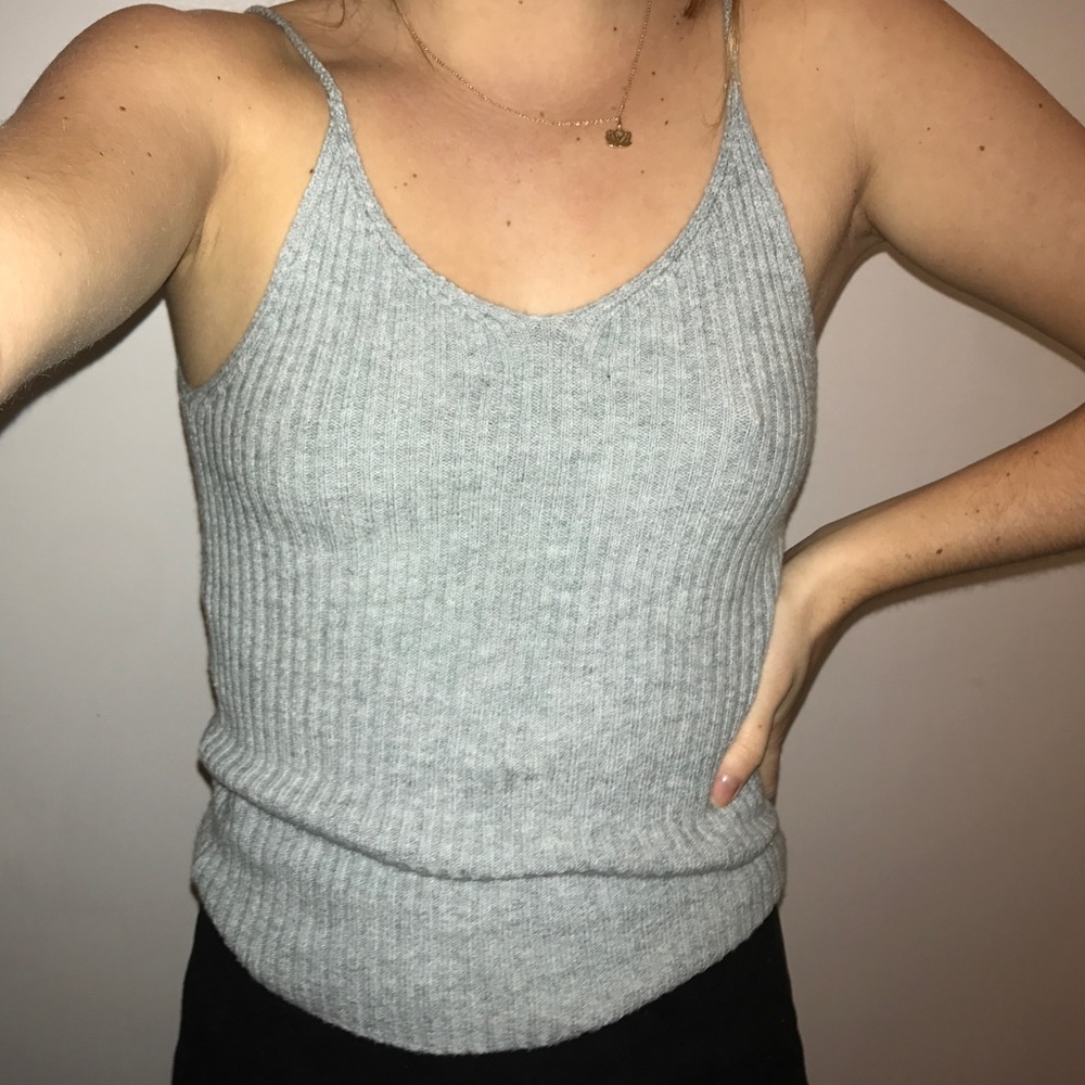Light blue knit tank top. Knit up front